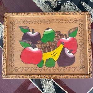 Vintage Pyrography Fruit Trinket Wooden Box